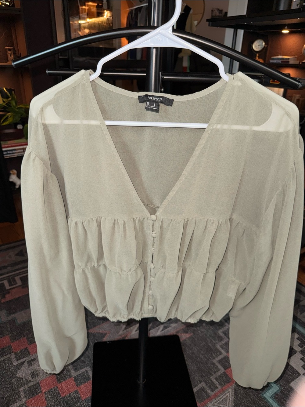 Forever 21 Olive Long-Sleeve V-Neck Ruffle Blouse